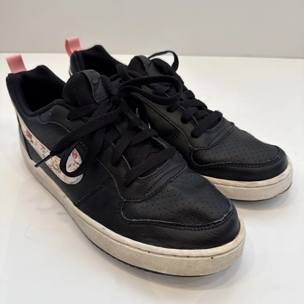Nike Court Borough Black White Floral Leather Sneakers 7Y Youth Lace Up Tie Shoe
